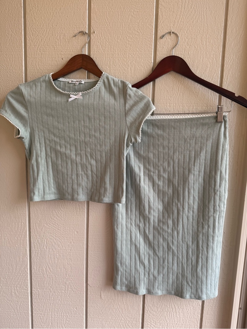 Reformation Goldie Knit Two Piece Set Celadon Size XS
Top & Skirt Set